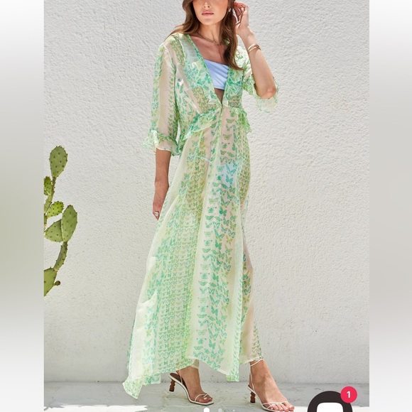 We Are Leone Ruby Ruffle Floral 100% Silk Maxi Cardigan Coverup Duster NWT - Picture 3 of 11